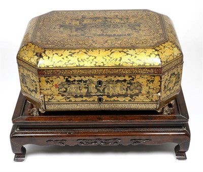 Lot 239 - A Chinese Export Lacquer Sewing Box, 19th century, of canted rectangular form, painted and gilt...