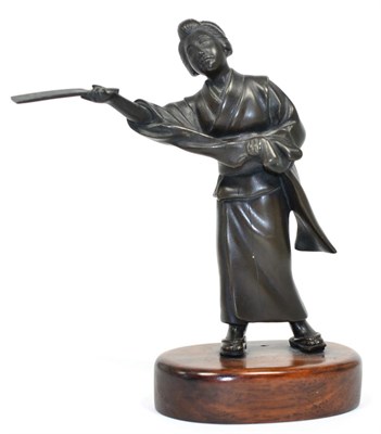 Lot 245 - A Japanese Bronze Okimono, Meiji period, as a girl in traditional dress holding a palette, 17cm...