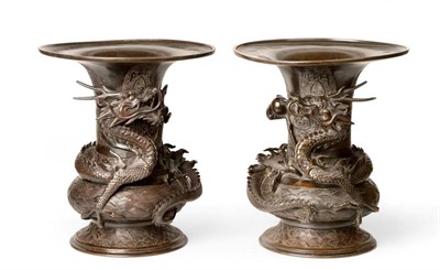 Lot 263 - A Pair of Japanese Bronze Vases, circa 1900, of ovoid form with trumpet necks applied with...