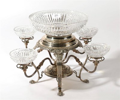 Lot 271 - An Electroplated and Cut Glass Centrepiece Epergne, 20th Century, with one central large and...