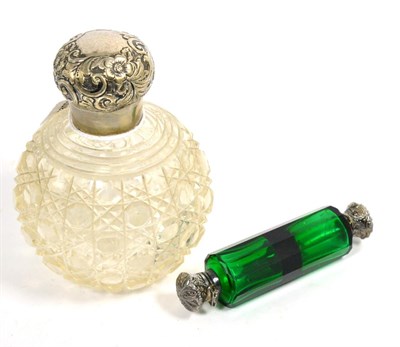 Lot 274 - An Edwardian Silver Mounted Green Glass Double Scent Bottle, Charles May, Birmingham 1903, of...