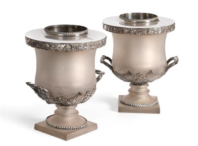 Lot 288 - A Pair of Silver Plate Mounted Frosted Glass Wine Coolers, 1st Half 19th Century, of twin...