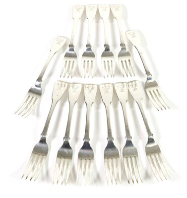 Lot 294 - A Set of Twelve Victorian Scottish Silver Fiddle Pattern Table Forks, maker's mark WM over AM,...