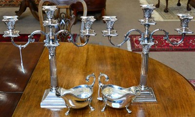 Lot 322 - A Pair of Electroplated Corinthian Column Three Light Candelabra, 1st half 20th Century, with...