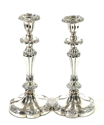 Lot 323 - A Pair of Old Sheffield Plate Candlesticks, maker's mark of a bell, probably for Roberts,...