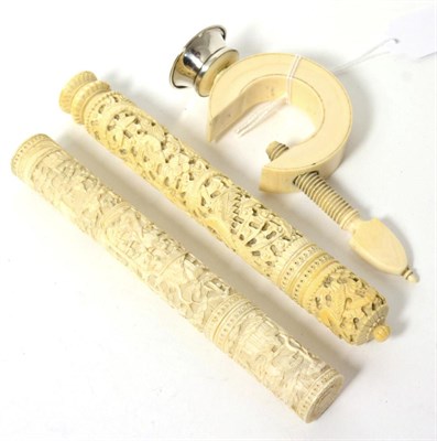 Lot 362 - Two 19th Century Cylindrical Ivory Netting Cases, one carved overall with dragons and foliage,...