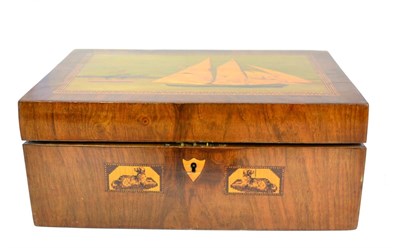 Lot 374 - A Victorian Walnut Portsea and Tunbridgeware Writing Slope, the hinged cover worked in stained...