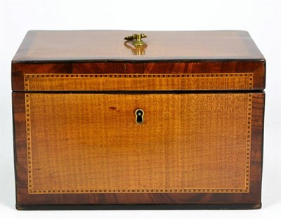 Lot 386 - A George III Harewood and Mahogany Banded Tea Caddy, of rectangular form with geometric...