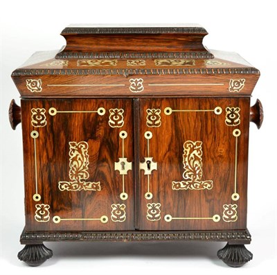 Lot 387 - A William IV Rosewood and Mother-of-Pearl Inlaid Table Cabinet, with rising caddy top over two...