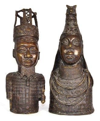 Lot 392 - A Pair of Benin Style Bronze Figures, depicting the Oba of Benin and his Queen, the larger 37cm...