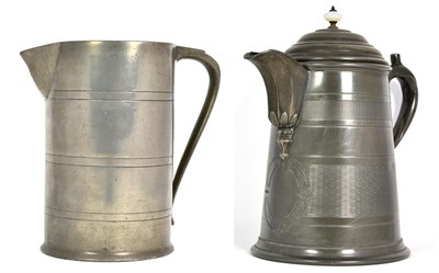 Lot 397 - A Pewter Ale Jug, 18th/19th century, of cylindrical form with engraved hoops, 18.5cm high; and...