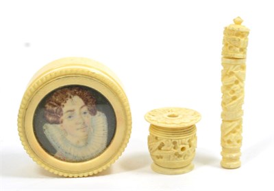 Lot 403 - A 19th Century Ivory Box and Cover, with a portrait of a lady painted to the cover, enclosing ivory