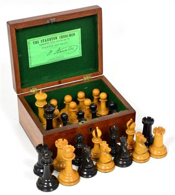 Lot 404 - A Jaques Ebonised and Natural Wood Staunton Pattern Chess Set, kings 8.5cm high, boxed