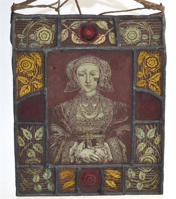 Lot 411 - A Stained Glass Panel, in 16th century style, with a half length portrait of Anne of Cleeves in...