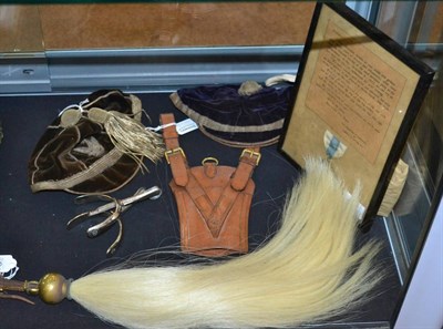 Lot 413 - A Horsehair Fly Whisk; A Gilt Metal 5th Army Medal, framed; Two Rugby Caps; A Pair of Steel...