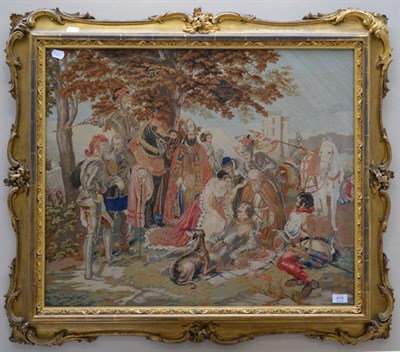 Lot 415 - A Berlin Woolwork Picture, mid 19th century, depicting courtly knights and ladies, 66cm by 78cm