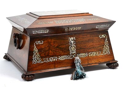 Lot 420 - A Regency Mother-of-Pearl Inlaid Rosewood Workbox, circa 1830, of tapering rectangular form, on...