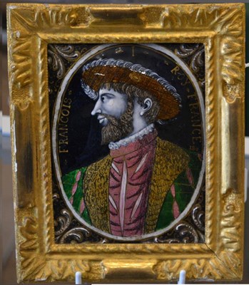 Lot 448 - A Limoges Enamel Plaque, in 16th century style, painted with a bust portrait of FRANCOIS I ROY...