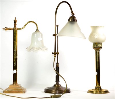 Lot 450 - A Brass Table Lamp, 20th century, with urn finial, side scroll branch and stepped base, 52cm;...