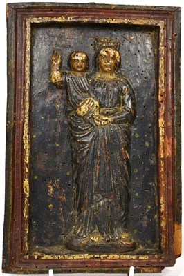 Lot 453 - A French Polychromed Wood Panel, 16th/17th century, depicting the Virgin and Child wearing...