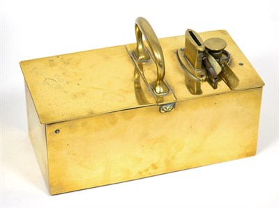 Lot 482 - A Victorian Brass Tavern Tobacco Box, of rectangular form with strap handle, 24cm wide