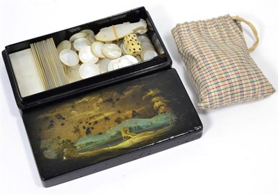 Lot 485 - A Lacquer Rectangular Box and Cover, late 19th century, painted with a landscape, together with...