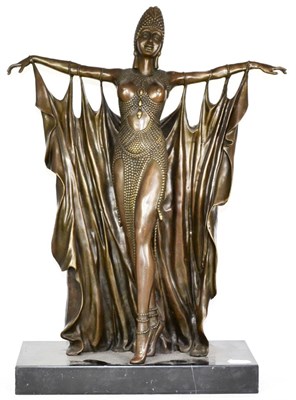 Lot 493 - An Art Deco Style Bronze Figure of a Dancer, dressed in Orientalist style, on a black slate...