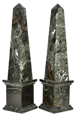 Lot 497 - A Pair of Veined Green Marble Obelisks, late 19th/20th century, on stepped square section...