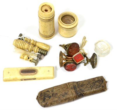 Lot 499 - A Georgian Ivory Toothpick Case; Three Turned Ivory Seals, Another, in mother-of-pearl; Five...