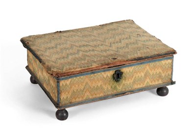 Lot 502 - An 18th Century Hinged Workbox, mounted in bargello flame stitch panels, edged with blue ribbon, on