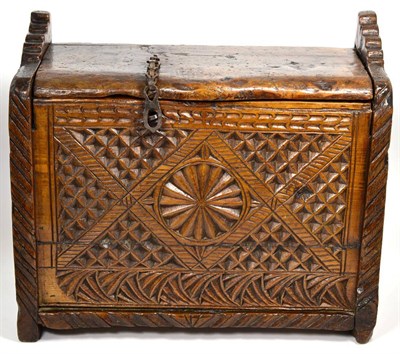 Lot 504 - An 18th Century Scandinavian Deed Box, with geometric carved panel, 47cm