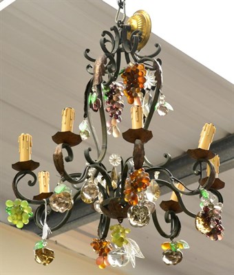 Lot 513 - A Wrought Iron and Glass Eight-Light Chandelier, early 20th century, with scroll stems and branches