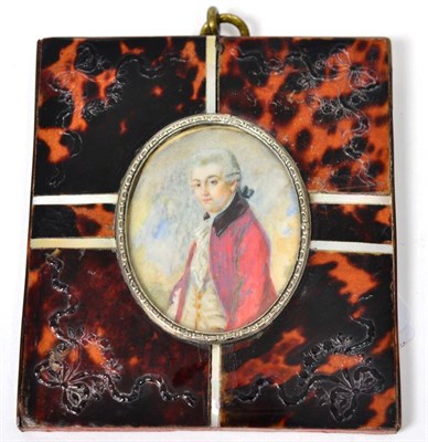 Lot 537 - English School (19th century): Miniature Portrait of a Gentleman, half length, wearing a red...