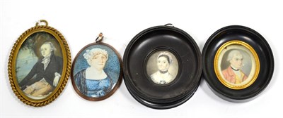 Lot 540 - English School (late 18th century): Miniature Bust Portrait of Susan Ogilvy, in lace cap and...