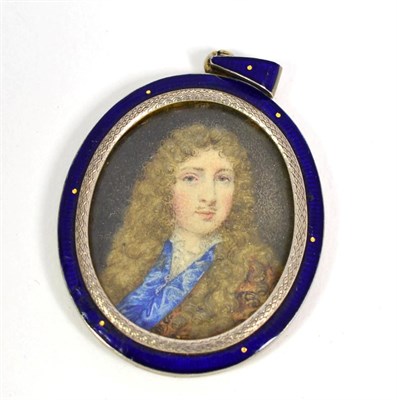 Lot 544 - English School (17th century): Miniature Bust Portrait of a Young Gentleman, with blue jacket...