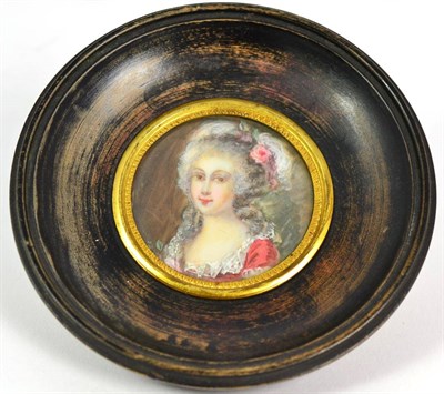 Lot 546 - French School: Miniature Bust Portrait of a Lady, in 18th century dress with flowers in her...