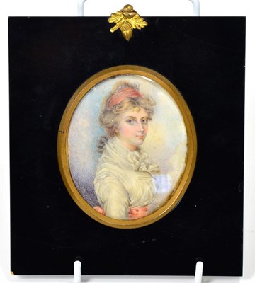 Lot 550 - English School (early 19th century): Miniature Bust Portrait of a Young Girl, wearing a red...