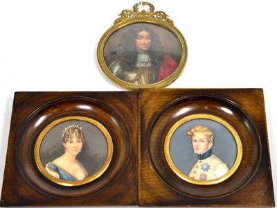 Lot 556 - After Sir Peter Lely: Miniature Bust Portrait of  Charles II, 9.5cm diameter; and H Fagard: Pair of