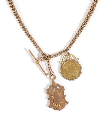 Lot 572 - A 9ct Gold Watch Chain with Attached Full Sovereign, curb linked chain each stamped 375, full...