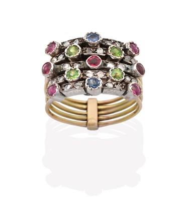 Lot 594 - A Multi-Gemstone Stacking Ring, formed of five bands each set with alternating round cut...