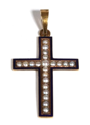 Lot 601 - A Seed Pearl and Blue Enamel Cross Pendant, set throughout with seed pearls within a blue...