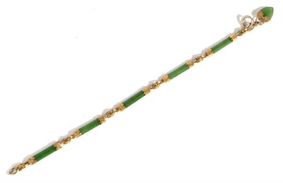 Lot 603 - A Nephrite Bracelet, long nephrite bar links with foliate engraved mounts, alternating with...