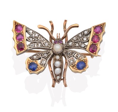 Lot 608 - A Multi-Gemstone Butterfly Brooch, with a pearl set body, ruby set eyes and wings set with rose cut