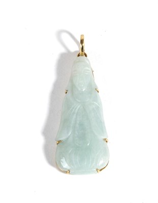 Lot 610 - A Figural Jade Pendant, carved depicting an immortal, in a claw setting, measures 4.5cm by 2cm