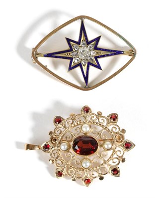 Lot 614 - A Diamond and Enamel Brooch, a star set cluster of old cut diamonds within a blue enamel...