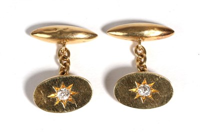 Lot 616 - A Pair of Diamond Cufflinks, old cut diamonds star set to oval plaques, chain linked to bullet...