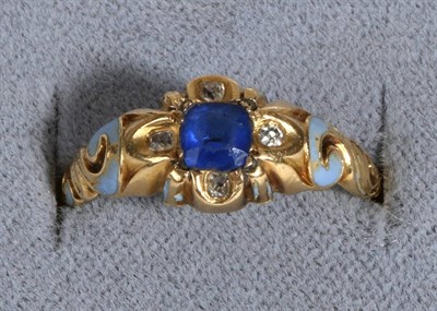 Lot 639 - A Blue Paste and Enamel Ring, an octagonal cut blue paste inset to a carved shank with diamond...