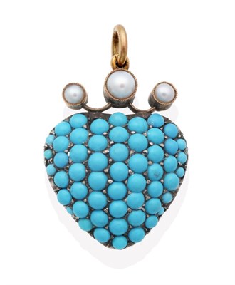 Lot 642 - A Turquoise and Pearl Heart Pendant, set throughout with round cabochon turquoise and topped by...