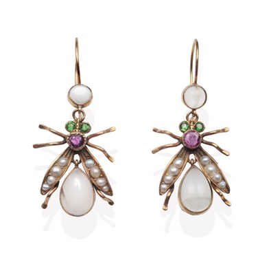 Lot 643 - A Pair of Gem Set Insect Earrings, a round cabochon moonstone in a rubbed over setting suspends...