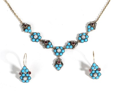 Lot 644 - A Turquoise, Seed Pearl and Ruby Necklace and Earring Suite, the necklace with a front of round...